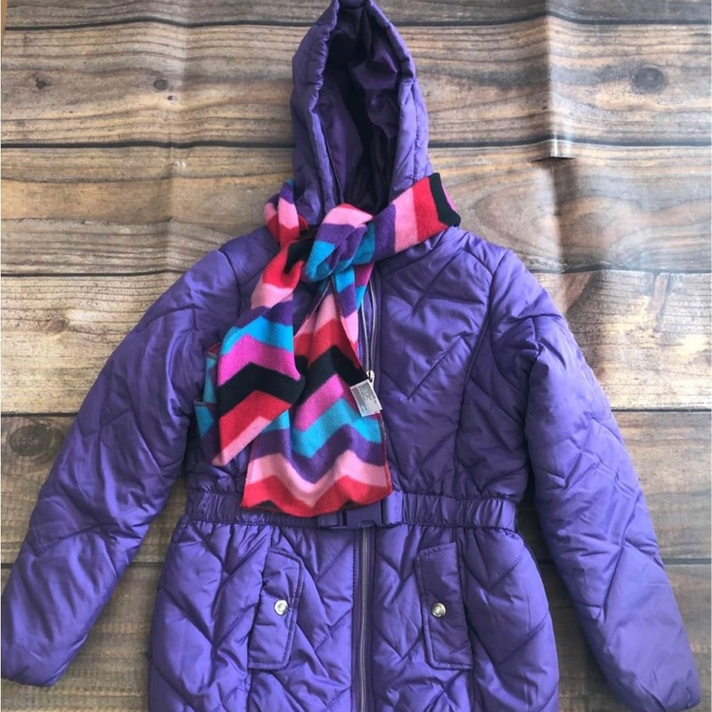R1881 Quilt Puffer Hooded Purple Jacket with Scarf Kid Girls, size (M) 10/12 NWT